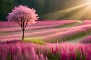 a pink tree stands in the middle of a field. AI-Generated photo