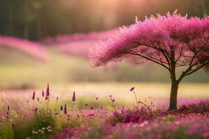 un rosado árbol soportes en un campo de flores generado por ai foto