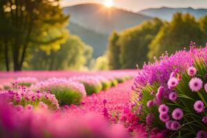 a field of pink flowers at sunset. AI-Generated photo