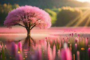 a pink tree stands in the middle of a lake. AI-Generated photo