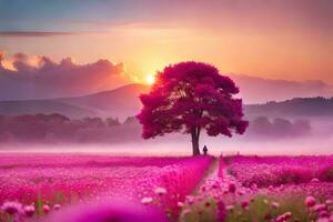 a tree stands in a field of pink flowers at sunset. AI-Generated photo