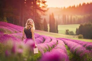 woman in lavender field at sunset. AI-Generated photo