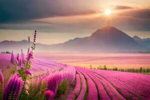 a field of purple flowers and mountains in the background. AI-Generated photo