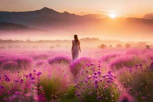 woman in lavender field at sunrise. AI-Generated photo