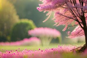 beautiful pink tree in the field with flowers. AI-Generated photo