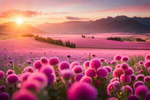 pink flowers in a field at sunset. AI-Generated photo