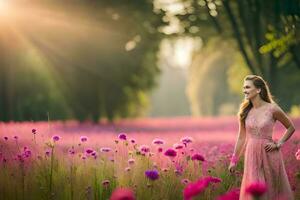 a woman in a pink dress standing in a field of pink flowers. AI-Generated photo