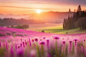 lavanda campo a puesta de sol en Italia. generado por ai foto