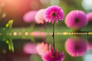 pink flowers are reflected in the water. AI-Generated photo