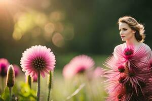 beautiful woman in pink dress standing in field of flowers. AI-Generated photo