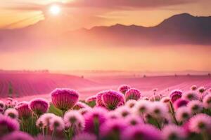 pink flowers in a field at sunset. AI-Generated photo