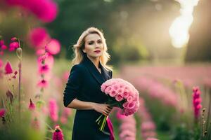 a woman in a black suit holding pink flowers. AI-Generated photo