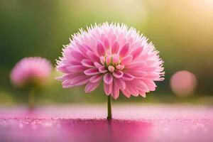 a pink flower is standing in the middle of a field. AI-Generated photo