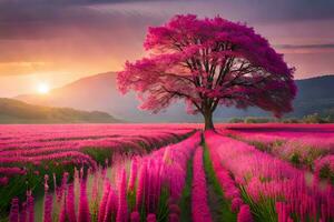 a pink tree stands in the middle of a field. AI-Generated photo