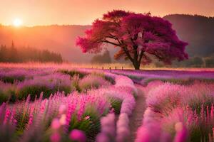 a tree stands in a field of lavender flowers at sunset. AI-Generated photo