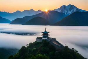 the sun rises over the mountains and fog in china. AI-Generated photo