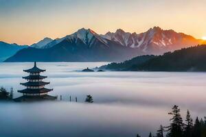 a pagoda sits on top of a mountain surrounded by fog. AI-Generated photo