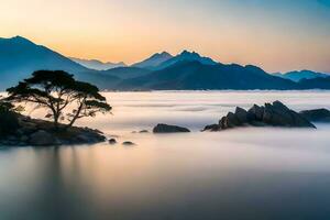 a lone tree stands in the middle of a lake surrounded by fog. AI-Generated photo