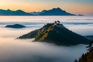 un castillo es rodeado por nubes en el montañas. generado por ai foto