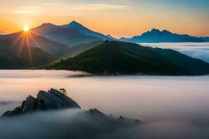 the sun rises over the mountains and fog. AI-Generated photo