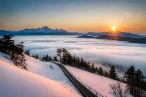 amanecer terminado el montañas y nieve cubierto la carretera. generado por ai foto