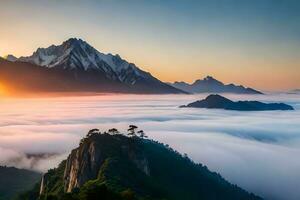 el Dom sube terminado el nubes en el montañas. generado por ai foto