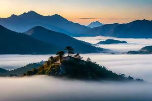 un pequeño casa se sienta en parte superior de un montaña rodeado por niebla. generado por ai foto