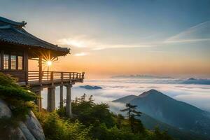 chinese pagoda on top of mountain with fog in the background. AI-Generated photo