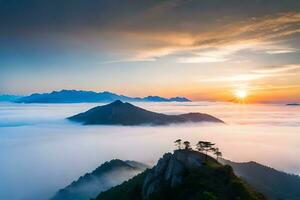 the sun rises over the clouds in the mountains. AI-Generated photo