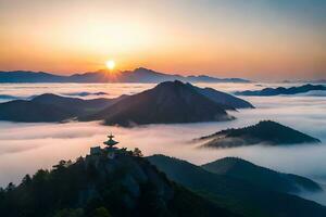 the sun rises over the mountains and fog. AI-Generated photo