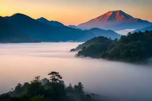 montar fuji, Japón, amanecer, niebla, neblina, nubes, montañas, amanecer,. generado por ai foto