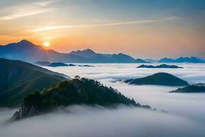 el Dom sube terminado el montañas y nubes en esta foto. generado por ai foto