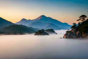 a mountain range with fog and trees in the foreground. AI-Generated photo