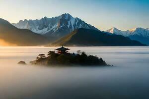 un pagoda se sienta en un isla rodeado por niebla. generado por ai foto
