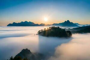 the sun shines over a mountain range with fog. AI-Generated photo