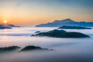 el Dom sube terminado el montañas y niebla en esta foto. generado por ai foto