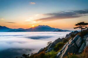 the sun rises over the clouds in the mountains. AI-Generated photo
