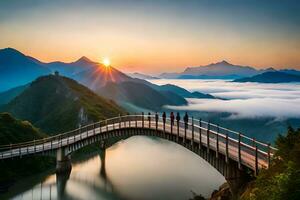 personas caminando a través de un puente a puesta de sol en el montañas. generado por ai foto