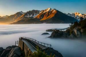 un puente terminado el brumoso montañas a amanecer. generado por ai foto