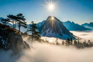 the sun shines over a mountain range with fog and trees. AI-Generated photo