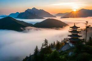 el Dom sube terminado un pagoda en el montañas. generado por ai foto