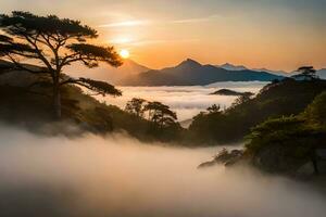 a tree in the fog with mountains in the background. AI-Generated photo