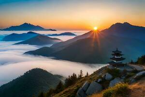 un pagoda se sienta en parte superior de un montaña con vista a el brumoso valle. generado por ai foto