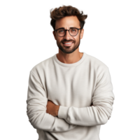 un positivo joven hombre con un barba, vistiendo un casual suéter y lentes png