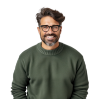 un positivo joven hombre con un barba, vistiendo un casual suéter y lentes png