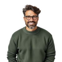 un' positivo giovane uomo con un' barba, indossare un' casuale maglione e bicchieri png