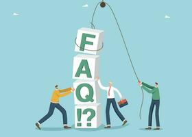 Brainstorming for solving business problems, questions and answers, FAQ, frequently asked questions, thought process and logic for difficult situations, people stack cubes with letters FAQ. vector