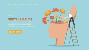 Vector illustration for website or web page, banner with man watering flowers in head. Mental health, healthy mentality, look for inspiration or motivation to achieve goals. Take care of your health.