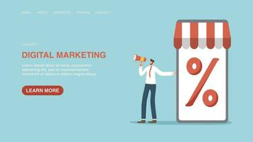 Vector illustration for website or web page, banner with man with loudspeaker near phone with percentage. Digital marketing, email newsletter, discounts or promo codes for subscription or targeting.