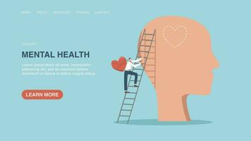 Vector illustration for poster, website or web page, banner with man with heart climbs ladder to head. Mental health, separate work and personal life, emotional intelligence, feelings and emotions.